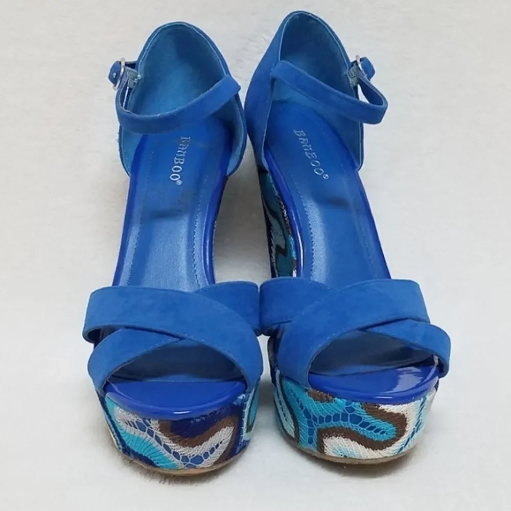 𝅺BAMBOO Eliza Blue Crochet Boho Platform Wedges